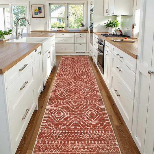 Wonnitar Moroccan Runner Rug, Washable 2'6"x10' Long Runner Rug for Hallway, Boho Farmhouse Non-Skid Kitchen Bathroom Runner Soft Low Pile Carpet for Entryway Laundry Living Room (Brown,2'6"x10')