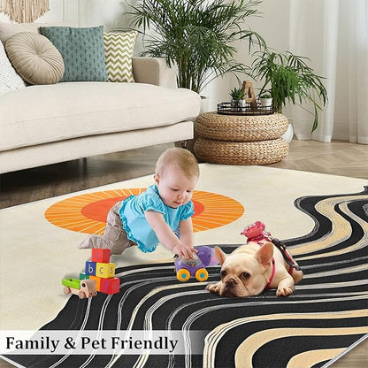 Boho Sun Area Rugs 6x8ft, Watercolor Mountain Living Room Area Rug, Abstraction Deco Play Rug with Carpet Tape Double Sided for Bedroom Office Home Decor