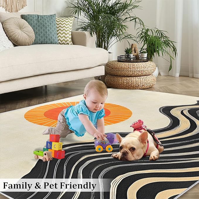 Boho Sun Area Rugs 4x5ft, Watercolor Mountain Kids Play Rug, Abstraction Deco Throw Rugs Bedroom Fluffie Soft for Coffee Shop Living Room Under Table Game Room