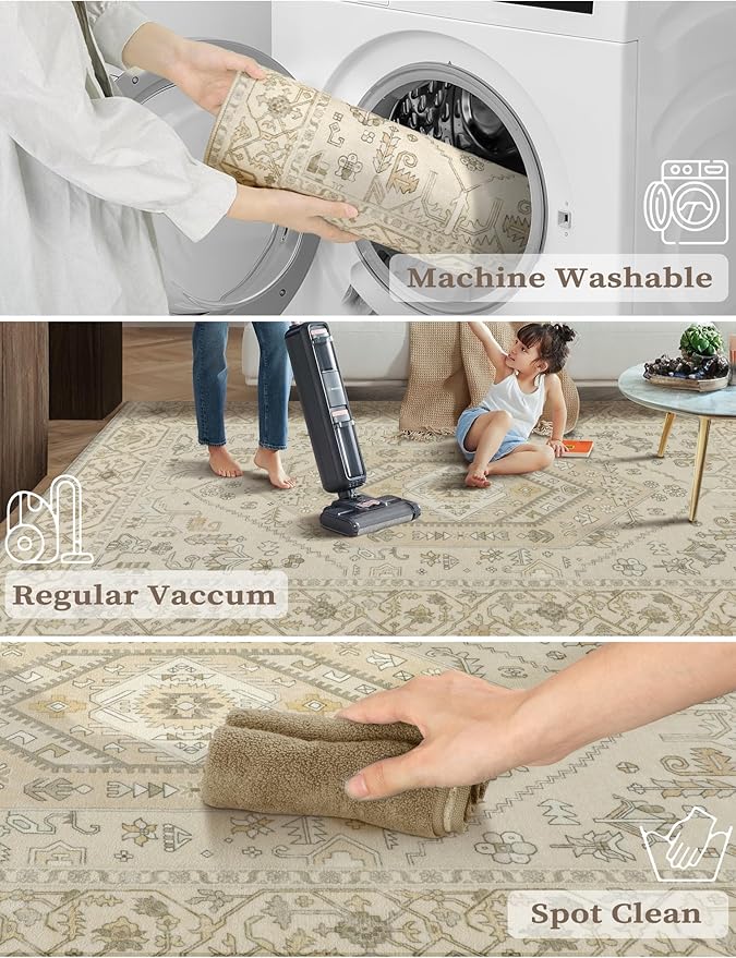 SERISSA Runner Rug for Hallways, 2'6"x8' Washable Non Slip Kitchen Runner Rug, Long Boho Rug Vintage Beige Hallway Stair Ultra Soft Print Floor Carpet for Bedroom Bathroom Laundry Room