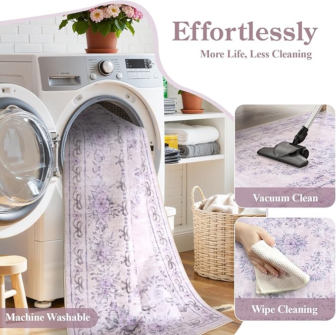 Wonnitar Floral Bow Print Purple Rug, 5x7 Washable Rug for Girls Room Decor, Ultra-Thin Non Slip Soft Boho Carpet for Bedroom Nursery Toddler Kids Room Living Room Women Office