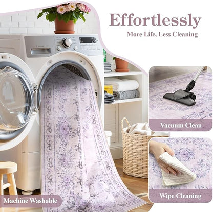 Wonnitar Floral Bow Print Purple Rug, 5x7 Washable Rug for Girls Room Decor, Ultra-Thin Non Slip Soft Boho Carpet for Bedroom Nursery Toddler Kids Room Living Room Women Office