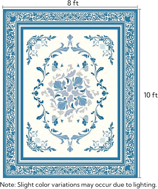 SOULFUL Medium Pile 8x10 Rugs for Living Room - Cozy Soft Underfoot Large Area Rug - Blue Boho Floral - Washable Non-Slip - Perfect for Bedroom Kids Room Under Dining Table Office