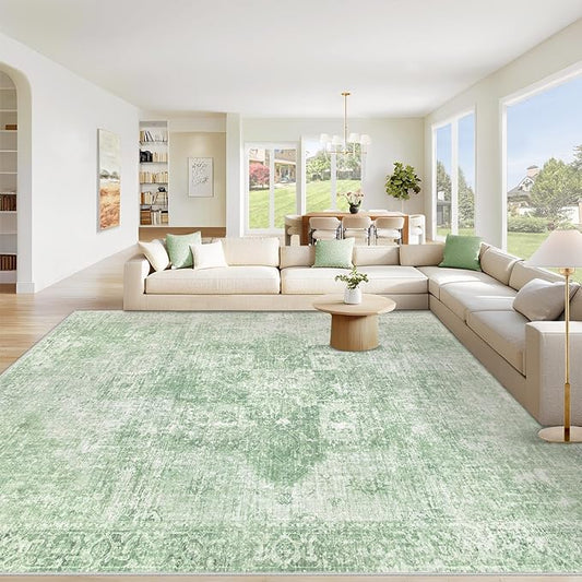 Area Rug 8x10 Washable Rug, Vintage Boho Medallion Rugs Non-Slip Soft Low Pile Large Distressed Rug Indoor Retro Carpet for Living Room Bedroom Dining Room Home Office (Sage Green, 8'x10')