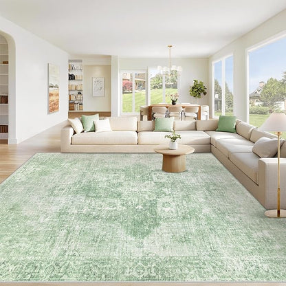 Area Rug 10x14 Washable Rug, Vintage Boho Medallion Rugs Non-Slip Soft Low Pile Large Distressed Rug Indoor Retro Carpet for Living Room Bedroom Dining Room Home Office (Sage Green, 10'x14')