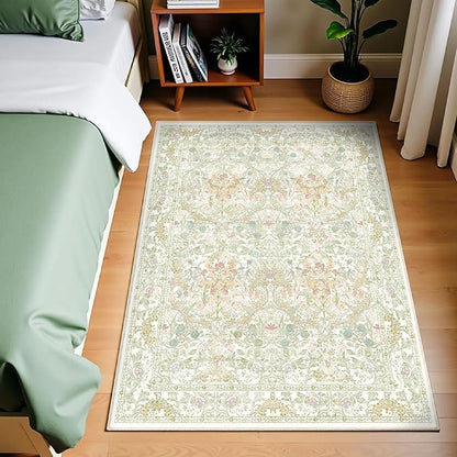 Boho Sage Green Bedside 3x5 Washable Rug for Bedroom, Thin Botanical Vintage Area Rug for Large Entry, Dorm, Kitchen, Foyer, Mudroom, Laundry - Cottage Core Low Pile Non Slip Indoor Front Door Carpet