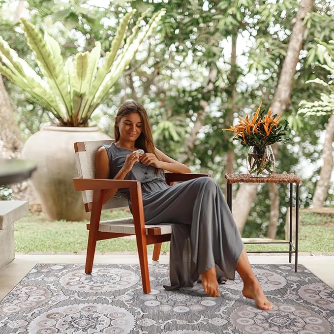 CAMILSON Indoor Outdoor Rug 5x7 Bohemian Medallion Floral Area Rugs for Indoor and Outdoor Patios Easy-Cleaning Non-Shedding Living Room Garden and Kitchen Washable Outside Carpet (5 x 7 / Beige)