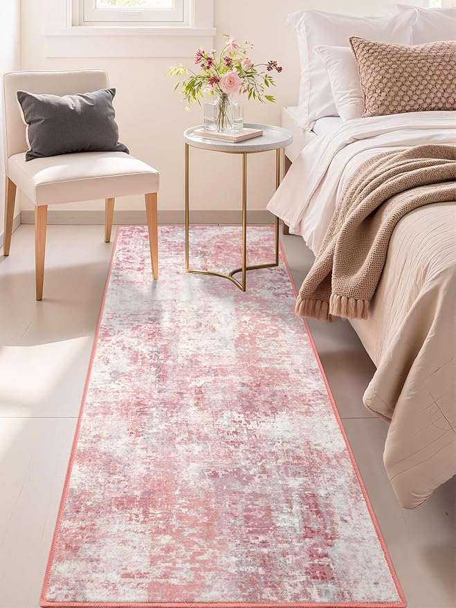 Washable Abstract Runner Rug, 2x6 Modern Area Rugs with Non-Slip Rubber Backed for Kitchen, Thin but Soft Contemporary Carpet Bedroom Entryway Hallway Decor, Pink