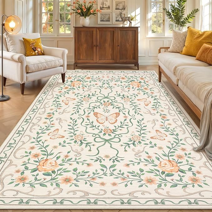 GarveeHome 8x10 Beige Floral Rugs for Living Room Washable Rugs Non Slip Stain Resistant Bedroom Floral Rug Low Pile Soft Dining Room Throw Carpet Beige Bow Large Carpet for Home Office Decor, 8x10