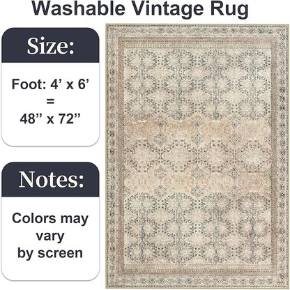 4x6 Area Rug for Bedroom Machine Washable, Non Slip Vintage Floral Kitchen Rugs for Dining Room, Rustic Indoor Floor Carpet for Nursery, Farmhouse, Office Classroom Beige/Pink/Orange