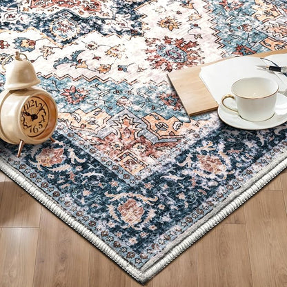 SERISSA 5x7 Boho Area Rug, Washable Large Rugs for Living Room, Ultra Soft Non-Slip Bedroom Rug Print Distressed Vintage Tribal Farmhouse Carpet Blue Orange Rug for Dining Room Dorm Office Home Decor