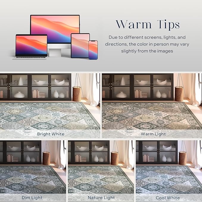 Phantoscope Washable Area Rug 8'x10' Non-Slip, Vintage Boho Rugs for Living Room, Bedroom, Dining Room, Distressed Moroccan Mosaic Diamond Pattern, Low-Pile Foldable Floor Carpet, Grey Charcoal