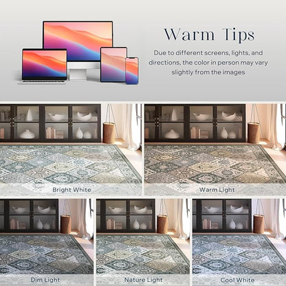 Phantoscope Washable Area Rug 9'x12' Non-Slip, Vintage Boho Rugs for Living Room, Bedroom, Dining Room, Distressed Moroccan Mosaic Diamond Pattern, Low-Pile Foldable Floor Carpet, Grey Charcoal