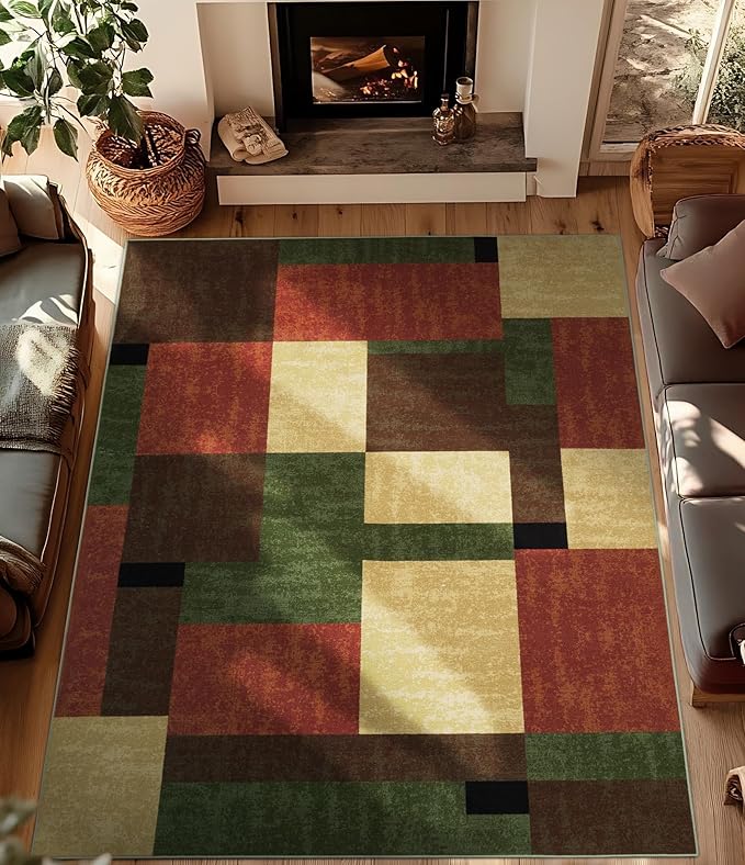 YIHOUSE Red and Green Rug 8x10, Burgundy Farmhouse Vintage Rugs Washable for Living Room,Burnt Orange Area Rug Non Slip,Geometric Boho Area Rug for Kitchen,Dining Room,Bedroom