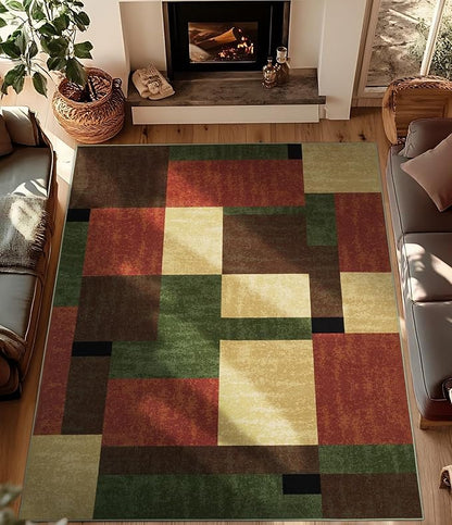 YIHOUSE Red and Green Rug 8x10, Burgundy Farmhouse Vintage Rugs Washable for Living Room,Burnt Orange Area Rug Non Slip,Geometric Boho Area Rug for Kitchen,Dining Room,Bedroom