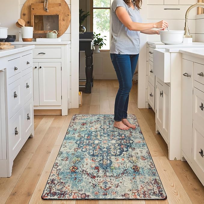 Lahome Bohemian Floral Medallion Area Rug - 3x5 Vintage Teal Distressed Entry Throw Rug Turkish Faux Wool Accent Rug Non-Slip Washable Low-Pile Carpet for Bathroom Entrance Living Bedroom