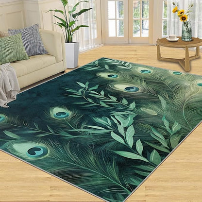 Peacock Feather Rugs for Living Room - 8x10 Rug, Peacock Decor Area Rugs for Bedroom, Teal Turquoise Rug, Plant Washable Carpet, Malachite Green Feather Carpet - Peafowl Home Decor & Gifts