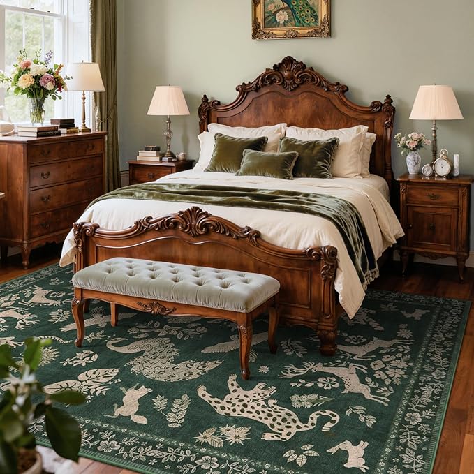 Moynesa Green 8x10 Area Rugs for Living Room, Washable Vintage Neutral Farmhouse Animal Area Rug for Bedroom Dining Room Office Study, Faux Wool Soft Non Slip Retro Carpets for Indoor