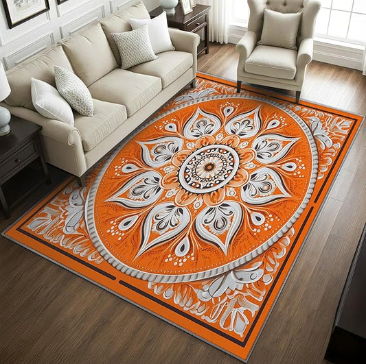 Mandala Rugs 5x7-7x9 ft, Orange Mandala Rug, Vintage Meditation Rugs for Living Room Bedroom, Hippie Spiritual Washable Area Rug Soft Carpet, Boho Vintage Floral Home Decor & Gifts