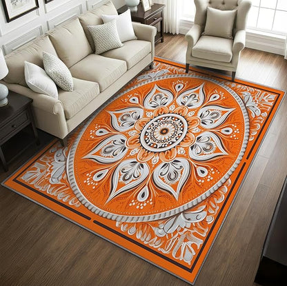 Mandala Rugs 5x7 -Orange Mandala Rug, 4x5 ft, Vintage Meditation Area Rug, Hippie Spiritual Washable Rugs for Living Room Bedroom, Boho Vintage Floral Home Decor & Gifts