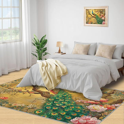 Peacock Peony Rugs for Bedroom - 5x7 Rug, Classic Peacock Peony Area Rugs for Living Room, Oriental Carpet, Floral Plant Washable Area Mat, Aesthetics Carpet - Peafowl Home Decor & Gifts
