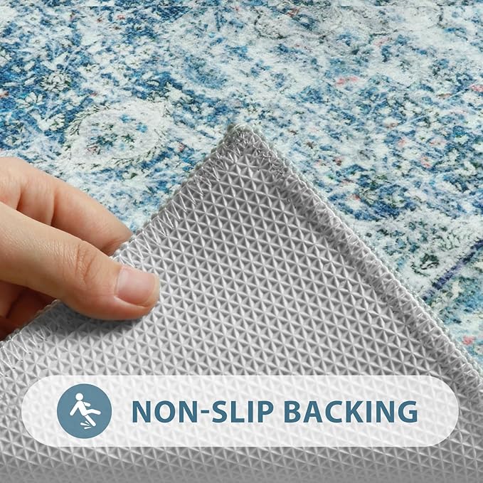 Uphome Bathroom Rugs Runner, Distressed Farmhouse Boho Light Blue Bath Mat, Non Slip Washable Long Bath Rugs, Vintage Traditonal Soft Velvet Bathroom Runner for Bathtub Sink Shower, 18x47 inch