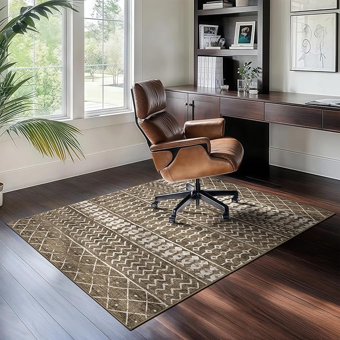 4x6 Machine Washable Area Rug for Living Room, Brown Vintage Moroccan Rug Large Non-Slip Low Pile Soft Faux Wool Carpet, Kids and Pets Friendly for Bedroom Dining Room Farmhouse Home Decor Rug