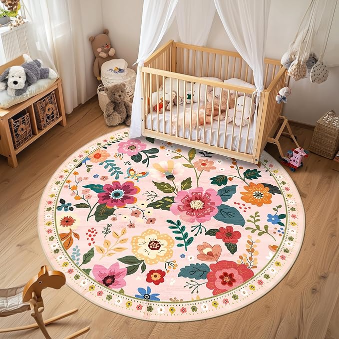 Floral 6ft Area Rug Machine Washable Soft Print Boho Carpet Non Slip Doormat Low Pile Flower Area Rugs for Living Room Bedroom Nursery Kitchen Dining Room Indoor-Pink