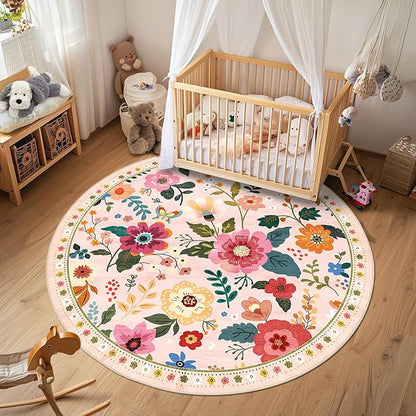 Floral 6ft Area Rug Machine Washable Soft Print Boho Carpet Non Slip Doormat Low Pile Flower Area Rugs for Living Room Bedroom Nursery Kitchen Dining Room Indoor-Pink