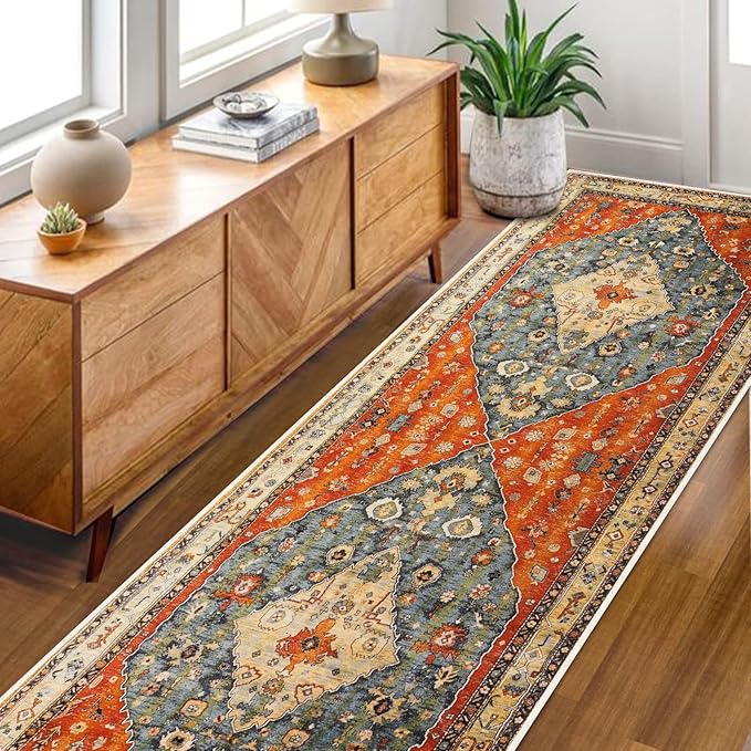 COMSLE Boho Runner Rug, 2' x 8' Washable Rugs for Hallway Faux Wool Small Kitchen Area Rug Distressed Throw Rug Non-Slip Laundry Room Rug Carpet Runner for Entryway Indoor Bedroom