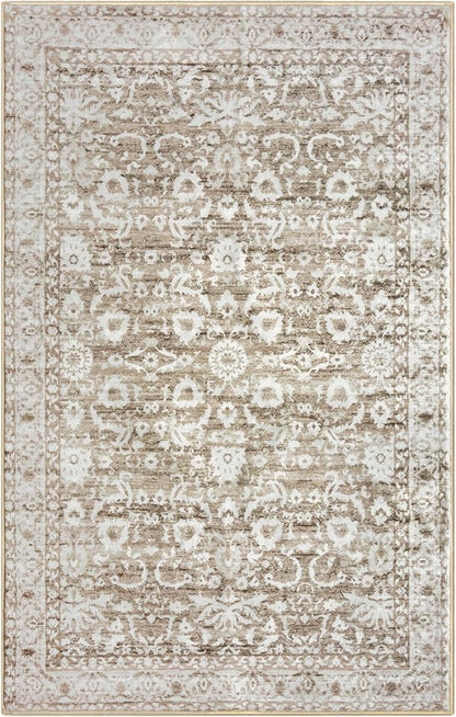 Vintage 4x6 Living Room Washable Rug, Beige Tan White Non-Slip Soft Bedroom Area Rug Thin Printed Faux Wool Floor Super Soft Carpet Throw Rugs for Nursery Playroom Dining Room Indoor Office