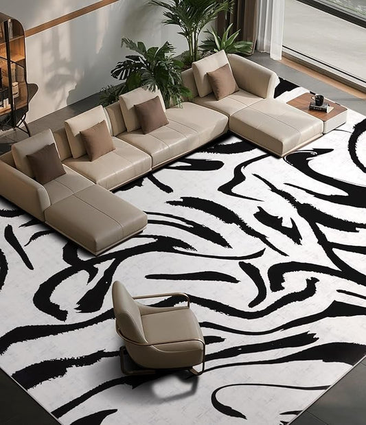 YIHOUSE Modern Area Rugs for Living Room, 8x10 Washable Black and White Rug, Thin Abstract Geometric Striped Rug, Area Rug for Bedroom,Kitchen,Dining Room,Office