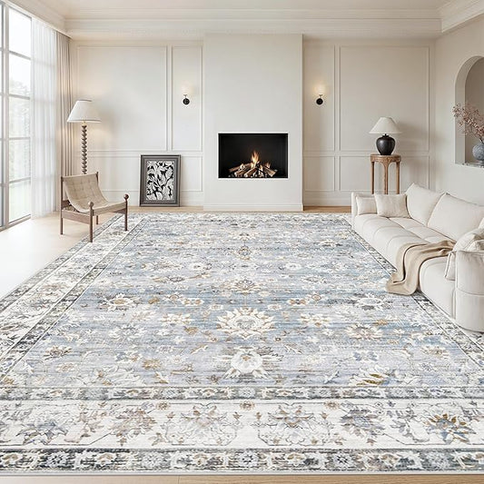 Area Rug 10x14 Living Room Rugs, Machine Washable Vintage Distressed Boho Area Rug Non-Slip Soft Low Pile Large Indoor Rugs for Bedroom Kitchen Dining Room Office(Light Blue,10'x14')