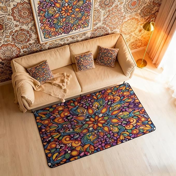 Vintage Mandala Area Rug 3x5 Bohemian Style Watercolor Flowers Rugs for Living Room | Boho Floral Washable Rug, Victorian Decor Antique Damask Carpet Indoor Floor Mat