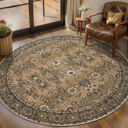 Tangsoo Vintage Round Rug 4ft, Washable Circle Rug, Non Slip Small Boho Round Rug, Low Pile Circular Rugs, Round Carpet for Bedroom,Entryway,Living Room,Dorm,Kitchen,Brown