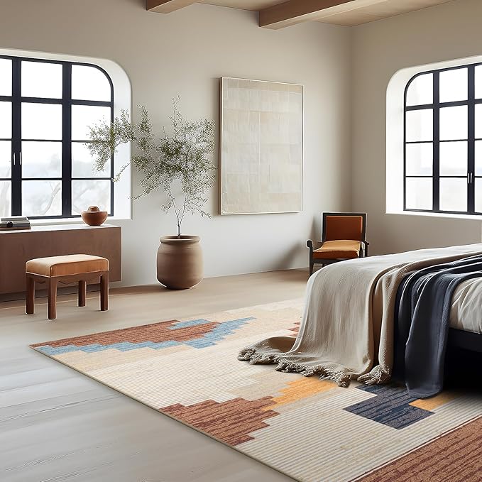 Phantoscope Washable Area Rug 5'x7' Non-Slip, Modern Neutral Boho Rugs for Living Room, Bedroom, Dining Room, Abstract Geometric Blocks Pattern, Low-Pile Foldable Floor Carpet, Warm Terracotta/Cream