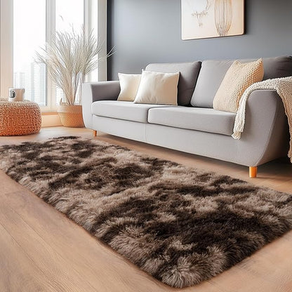 Fluffy Area Rugs for Living Room, Soft Shaggy Carpets for Living Room, Upgrade Anti-Slip Fuzzy Rugs for Kids' Room, Perfect Decor for Modern Home Tie Dye Coffee 2x6Feet
