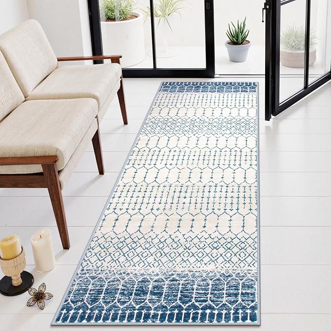 Lahome Runner Rug 2x8 Hallway Rug Runner Washable Non-Slip Kitchen Carpet Untra- Thin Throw Blue Mat, Moroccan Geometric Print Indoor Floor Mat for Entryway Laundry Bedroom
