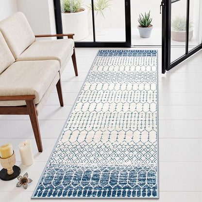 Lahome Moroccan Washable Blue Runner Rug 2x6 Rug Runners for Hallways Non Slip Throw Stain Resistant Kitchen Runners, Geometric Print Distressed Indoor Floor Rug for Entryway Bathroom Bedroom