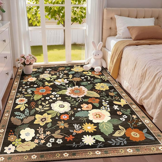 Floral 4x6 Area Rug Machine Washable Soft Print Boho Carpet Non Slip Doormat Low Pile Flower Area Rugs for Living Room Bedroom Nursery Kitchen Dining Room Indoor-Black/Yellow/Red
