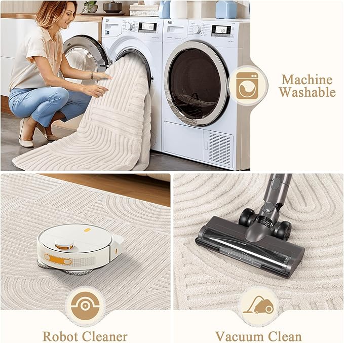 Pauwer 6x9 Washable Area Rugs for Living Room Modern Beige Solid Color Soft Fluffy Rugs for Bedroom Non Slip Boho Accent Indoor Mat Floor Carpet Cover for Kids Room Dining Room Kitchen Office