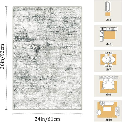 2x3 Machine Washable Area Rug for Entryway, Grey Modern Vintage Abstract Rug Non-Slip Low Pile Soft Faux Wool Small Carpet, Kids and Pets Friendly for Bedroom Kitchen Hallway Home Decor Rug