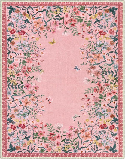 Wonnitar Washable Pink Floral 8x10 Rugs for Bedroom, Non-Slip Living Room Area Rug, Cute Nursery Large Botanical Area Rug, Soft Floor Carpet for Playroom Closet (Pink,8'x10')