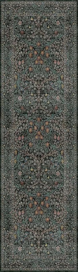 Dark Green 2x7 Long Washable Runner Rug Non Slip, Throw Rugs Runners for Kitchen Hallways Entryway Bathroom Laundry Room, Floor Mat Vintage Floral Carpet Low Pile Stain Resistant