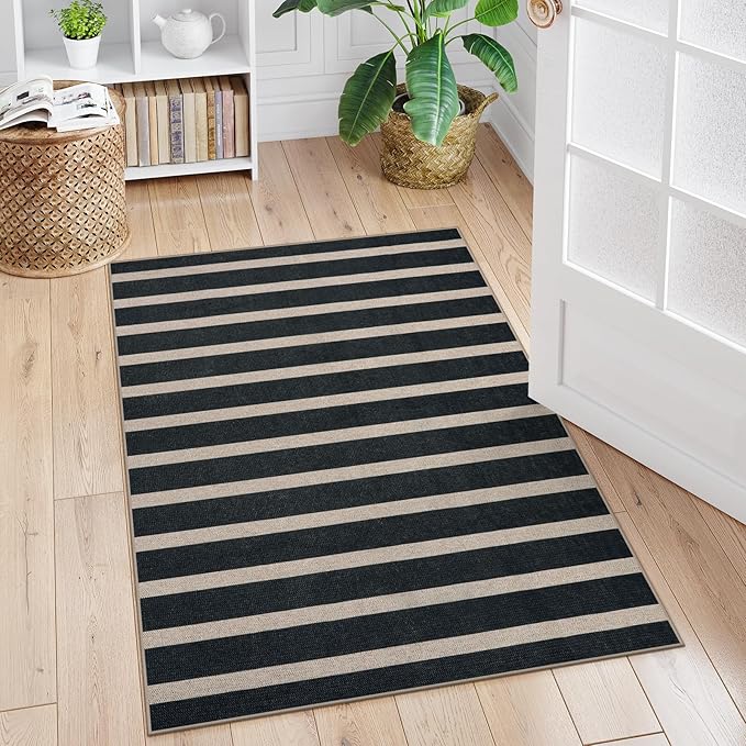 Lahome Striped Easy Jute 3x5 Outdoor Patio Porch Rug, Washable Rugs for Entryway Geometric Indoor Outdoor Living Room Carpet, Farmhouse Neutral Non Slip Black Carpet for Backyard Bedroom