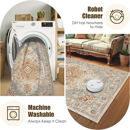 Washable Area Rug 6' x 9' Vintage Traditional Persian Mat - Foldable Distressed Non-Slip Machine Washable Carpet for Living Room Bedroom Kitchen Home Decor - Dove Gray and Coral