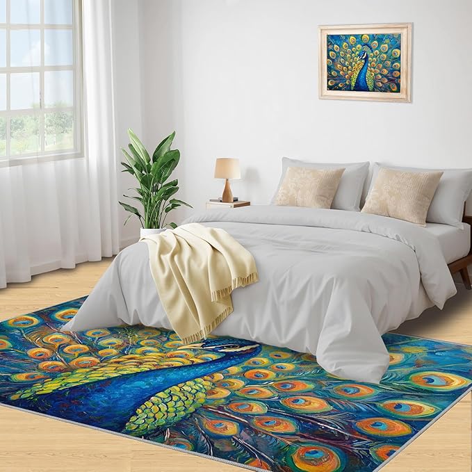 Peacock Area Rug 3x5-3x5 Rug, Wonderful Peacock Rugs for Living Room, Teal Turquoise Carpet, Peafowl Washable Area Rugs for Bedroom, Aesthetics Carpet - Peafowl Home Decor & Gifts