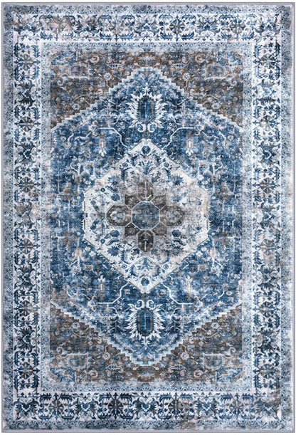 KOZYFLY Area Rug 4x6 Ft Washable Rugs for Entryway Non Slip Kitchen Mats for Floor Rugs for Living Room Printed Faux Wool Vintage Throw Rug for Entrance Bedroom Kitchen Living Room, Blue