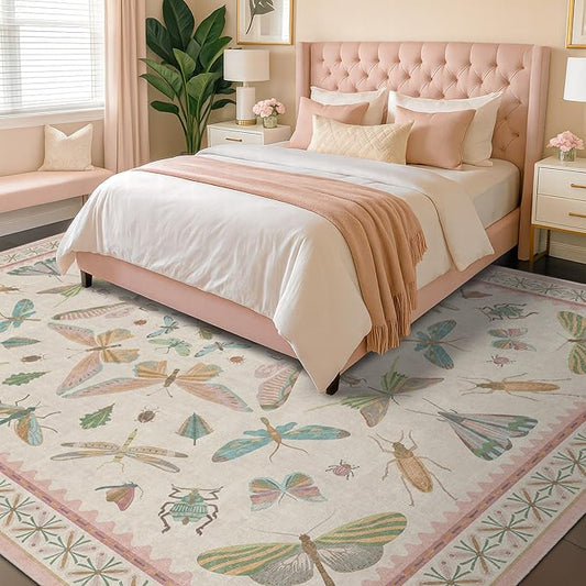 Floral Pink Rugs for Bedroom Girls 6x9 - Insect Print Cute Girly Rug for Living Room, Dining Room Under Kitchen Table, Washable Low Pile Vintage Bug Art Nouveau Home Decor