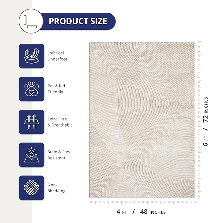 Abani Neutral Beige Area Rug 4' x 6' for Living Room, Bedroom - Zen Reiki Circles Pattern - Durable & Easy to Clean